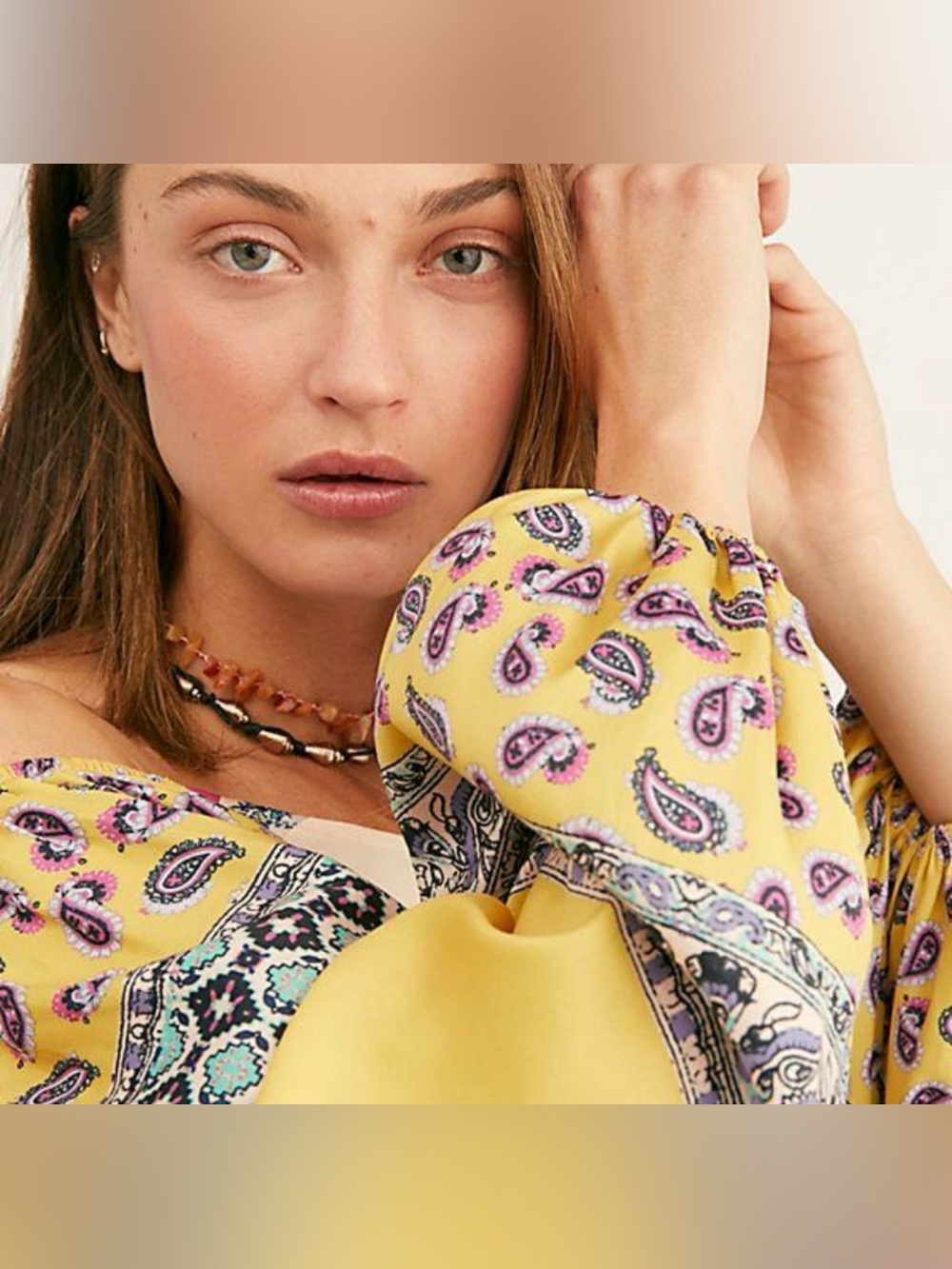 Free People Positano Printed Blouse Sz XS Peach Floral Off Shoulder Boho Y2K - Picture 5 of 15